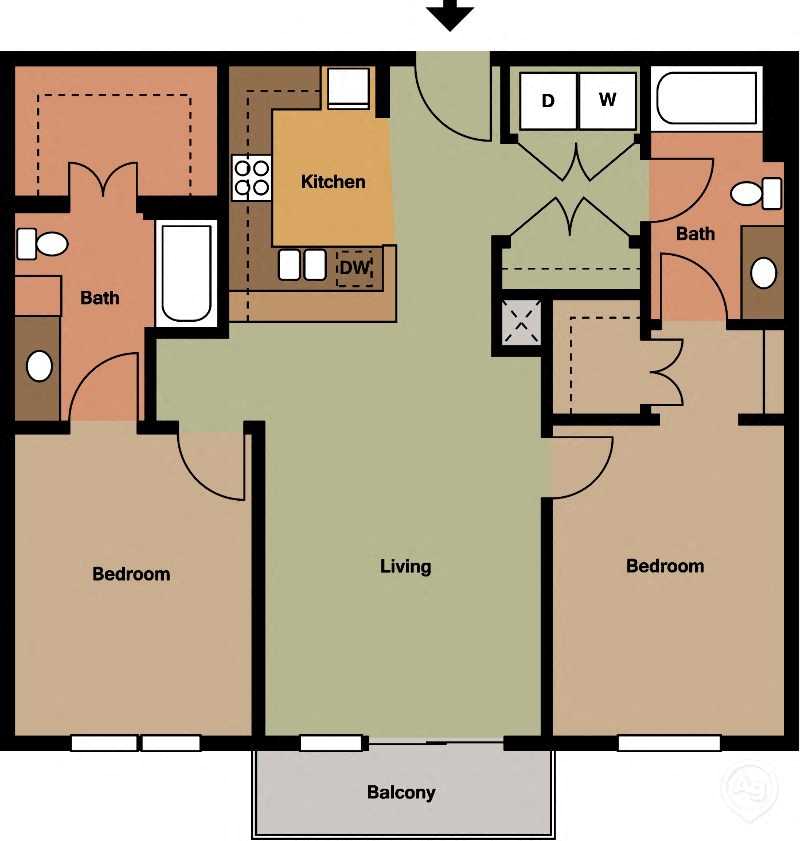 Floor plan for 2 beds, 2 baths, 1135 sqft